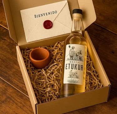 Caja de suscripción premium de Etukua abierta, mostrando una botella de mezcal, un vaso velador