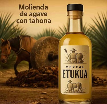 Tahona tirada por mula moliendo agave cocido