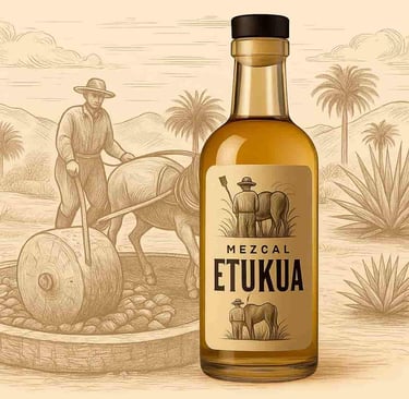 Rueda de piedra tirada por caballo moliendo agave cocido