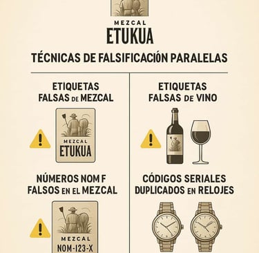 Infografía que muestra técnicas de falsificación similares en mezcal y otras industrias de lujo