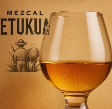 Copa de mezcal  con el logo de etukua