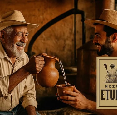 Maestro mezcalero mayor enseñando el proceso de destilación a un joven aprendiz en el palenque