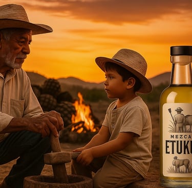 Abuelo enseñando a su nieto técnicas tradicionales en palenque al atardecer