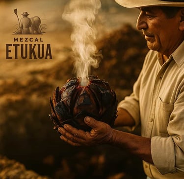  Maestro mezcalero de Etukua mostrando el corazón del agave asado en un horno de tierra, ejemplo de 