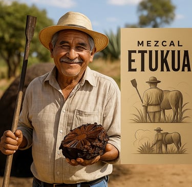 Maestro mezcalero de Etukua sonriendo, frente a un horno cónico de tierra, mostrando una piña de aga