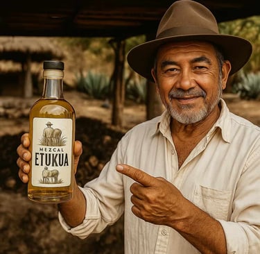 Maestro mezcalero de Etukua mostrando con orgullo el proceso de elaboración tradicional en su palenq