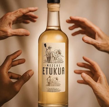 Manos de diferentes personas alcanzando hacia una botella de mezcal Etukua que está en el centro, 