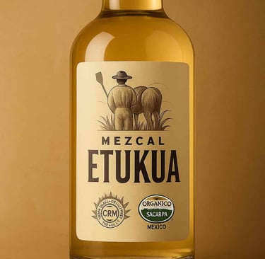 Close-up de etiqueta de mezcal artesanal con sellos oficiales de Denominación de Origen y certificac