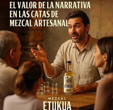 Un sommelier contando una historia a un pequeño grupo durante una cata de mezcal Etukua, con expresi