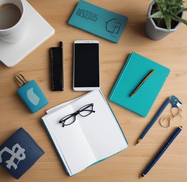 A brown leather-bound journal with an embossed design and a decorative clasp is placed on a light background. Next to the journal, a pair of black-rimmed glasses and a silver pen with its cap off are neatly arranged.