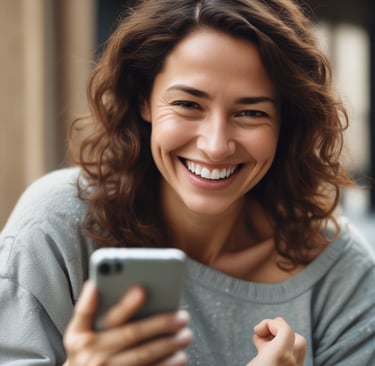 Two people are engaged in a transaction using mobile devices. One person is holding a smartphone, while the other holds a modern card reader with a digital display. They are in a setting that looks like a store or a boutique with shelves in the background containing items and simple decor.