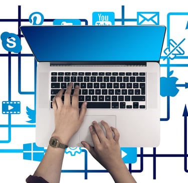someone using a laptop with different app icons underneath connect with lines and arrows