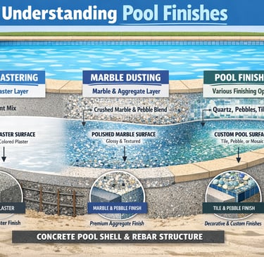 Diagram of pool finishes showing pool plastering, marble dusting, and custom tile and pebble finishing options.