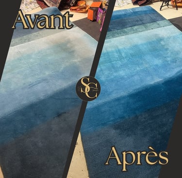 Shampouinage tapis moderne grande taille avant après à domicile Coutances — nettoyage tapis Manche