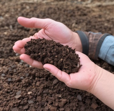 Several small green seedlings are planted in individual compartments of a black tray filled with rich, dark soil. The plants have delicate stems and thin, bright green leaves.