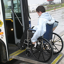 Kansas City bus with ramp deployed for wheelchair boarding