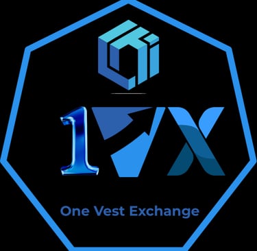OneVest Exchange logo: ‘1V’ with upward arrow and ‘X’ in blue digital style on black background
