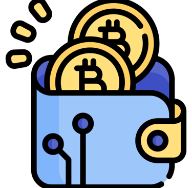 Blue crypto wallet icon with gold Bitcoins coming out