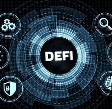 Illustration representing decentralized finance (DeFi) solutions, blockchain investing, and digital