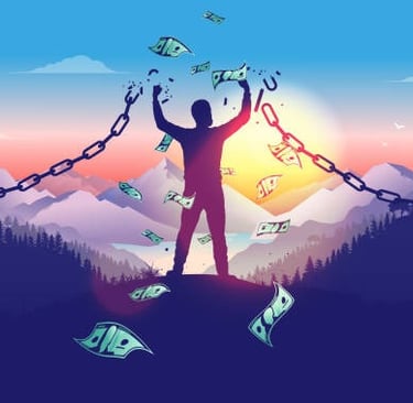 Person standing on a mountain at sunset breaking a chain link, symbolizing financial freedom