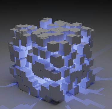 3D illustration of glowing blue blocks arranged inside a transparent cube with light shining from wi