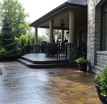 a patio with stamped concrete finishing