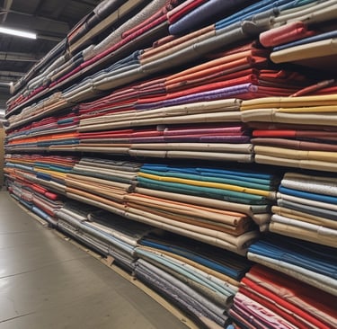 Rows of neatly arranged colorful fabric rolls fill the shelves with a wide range of patterns and textures. The fabrics are tightly packed, displaying a rich array of colors including reds, blues, greens, yellows, and purples. Each roll appears unique, contributing to a vibrant, visually appealing tapestry.