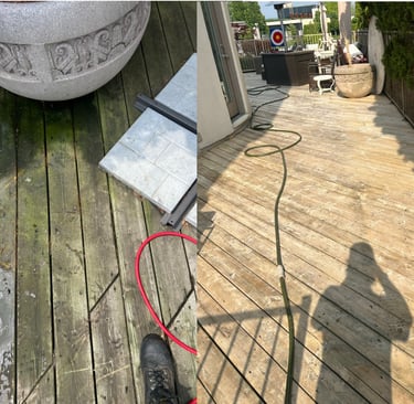 Before and after comparison of a dirty wooden deck being pressure washed to remove green algae and mold.