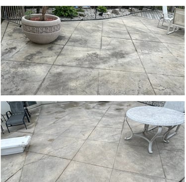 a photo of a before and after of a dirty back patio i pressure washed in lakeshore ontaio 