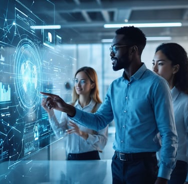 man with girls learning on digital screen