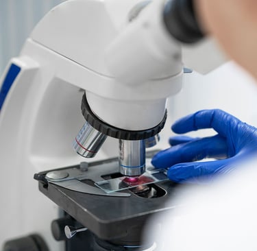 Cientista com luvas azuis ajustando uma lâmina de vidro sob um microscópio de laboratório 