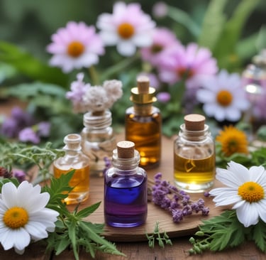 bottle of elderberry oxymel with leaves in the background and a marigold and crystal next to it