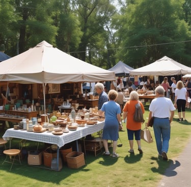 Antique shoppers at an open air market.