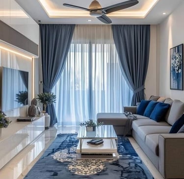 a living room with a couch and a ceiling fan