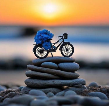 a bicycle is sitting on a pile of rocks