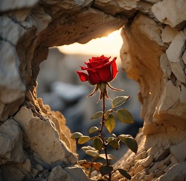 a single rose in a rock wall