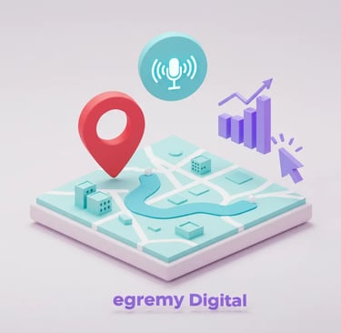 Mapa isométrico 3D con marcador de ubicación rojo, icono de micrófono, gráfico de barras ascendentes y cursor, marca Egremy D