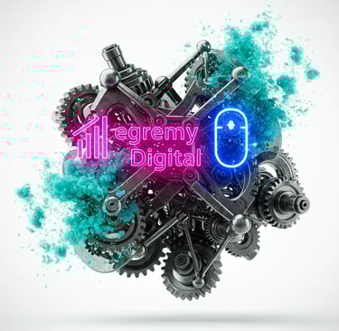 Engranajes metálicos con efecto de polvo turquesa y logotipo Egremy Digital en neón, representa automatización de marketing d