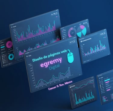 Dashboards 3D de Egremy Digital con diseño de páginas web y gráficos de analítica digital, ubicación Cancún Q. Roo, México.