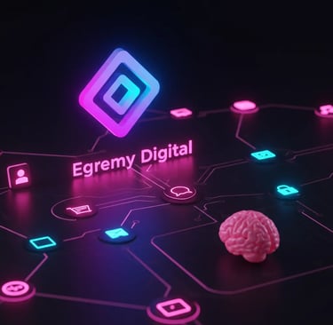 Logotipo Egremy Digital en neón sobre diagrama de red con iconos (usuario, carrito, candado) y cerebro 3D rosa, simboliza IA 