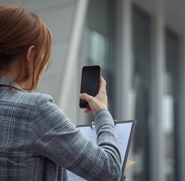 Mulher de costas usando um smartphone para fotografar ou filmar, enquanto segura uma prancheta com documentos.