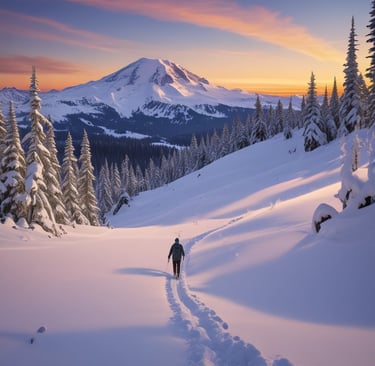 A skier pausing on a Paradise trail, gazing at Mt. Rainier's snow-covered summit