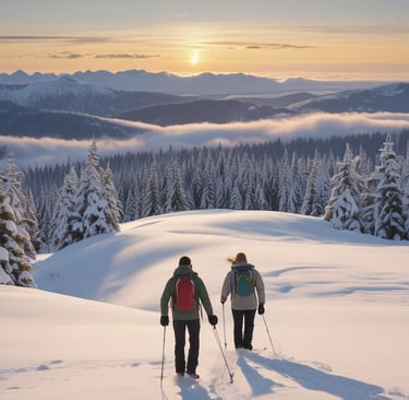 Snowshoers at Hurricane Ridge, with sweeping Olympic Mountain views and snow-dusted evergreen