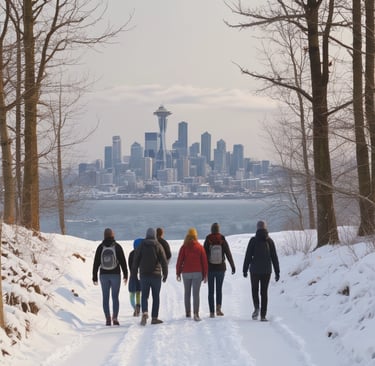 A group walking Discovery Park's snowy trails, with Seattle's skyline and Puget Sound shimmer