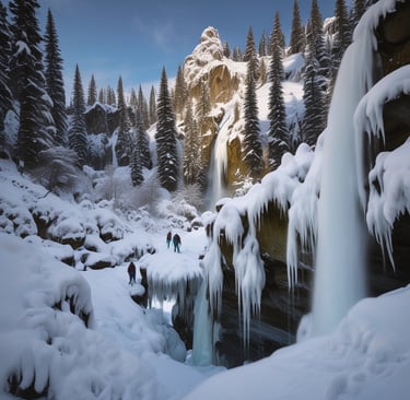 A group snowshoeing near Proxy Falls, with frozen waterfalls glistening against mossy basalt