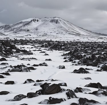 Photo: A snowmobiler in action, kicking up powdery snow against a backdrop of rugged lava fields