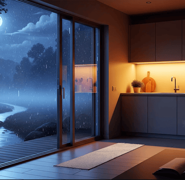 A cozy kitchen in the summer evening. A full moon and raining foggy air fills the outside.. The soun