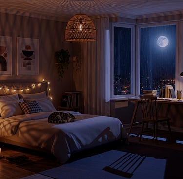 A cozy bedroom in the city. A full moon in the summer rain. Ambience of thunderstorm rain. 