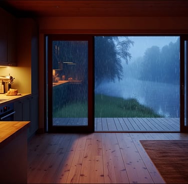 Cozy kitchen ambience. Rain, stream and fog on a summer night.