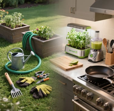 gardening kit, kitchen tools, and healthy living gear on table